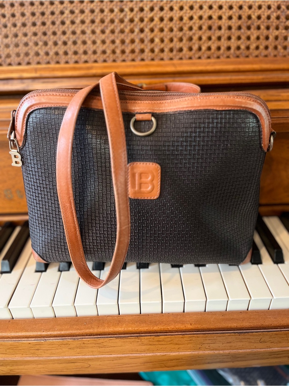 Bally Vintage Black & Brown Monogram Coated Canvas Embossed “B” Crossbody Made